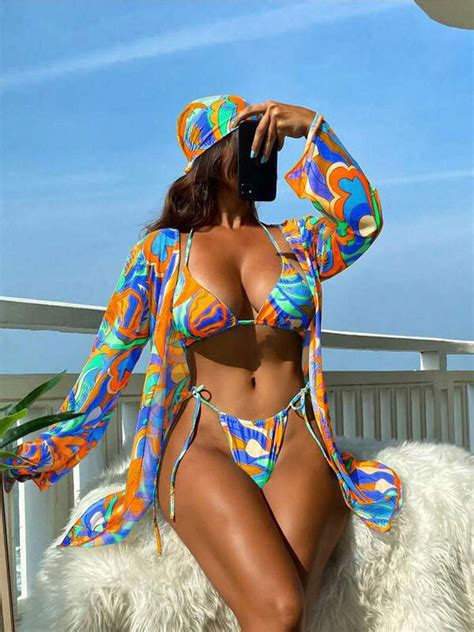 HHH 2025 New Printed Shawl Halter Swimsuit Three Piece Set Mesh Sunscreen Beach Hot Spring