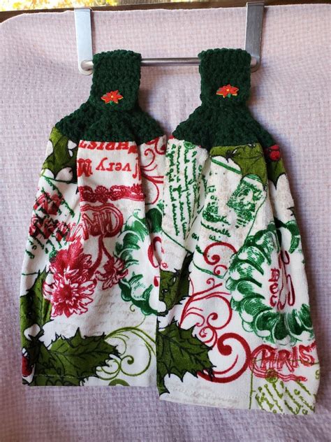 Christmas Post Card Set Of Hanging Kitchen Towels With A Handmade