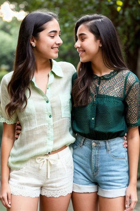 Two Girl 18yo Lesbian Kiss Green Lace Blouse Lin