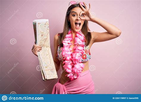 Young Beautiful Woman On Vacation Wearing Bikini And Hawaiian Lei