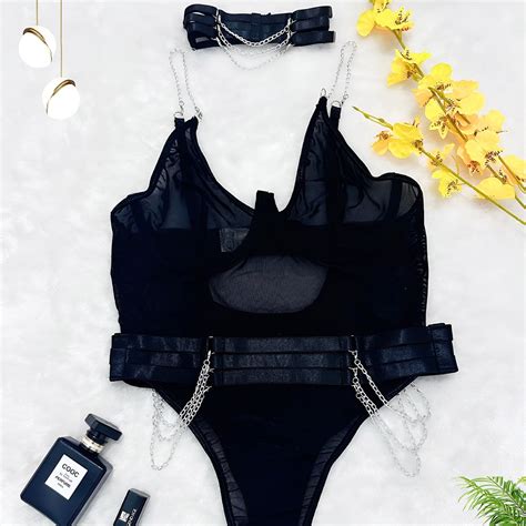 Generic Sexy Lingerie Suit Sexy Hot Sheer Mesh Push Up Chain Slim Halter Jumpsuit For Women