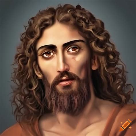 Portrait Of A Somber Looking Jesus With Brown Eyes And Curly Hair On