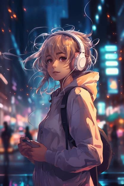 Premium AI Image Lofi Anime Character Wearing Headphones In City