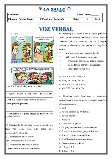 Atividade de Voz Verbal - 7º Ano - Português - Studocu