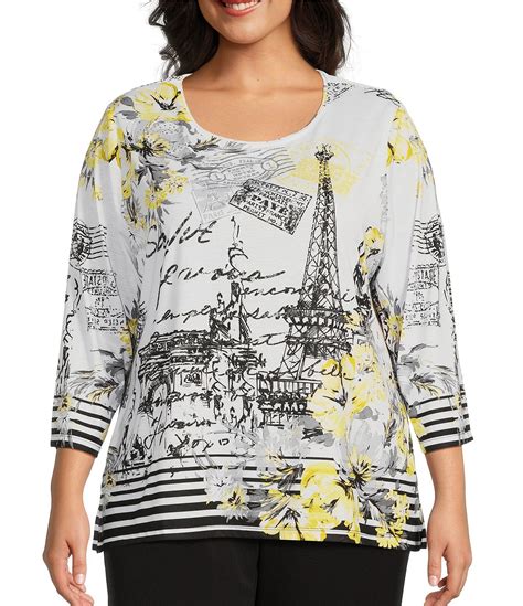 Allison Daley Plus Size Parisian Print 3 4 Sleeves Crew Neck Embellished Knit Top Dillard S