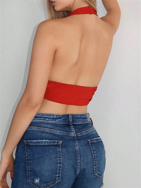 Shein Ezwear Solid Crop Halter Top Shein Usa