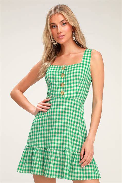 Dollface Green Gingham Print Ruffled Mini Dress Cute Dresses Womens