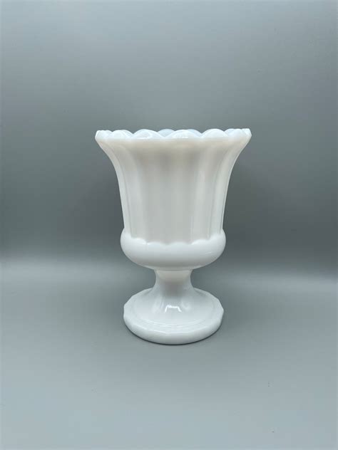 Milk Glass Footed Pedestal Vase Grecian Urn Style With Scalloped Edge Etsy