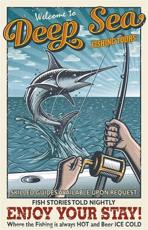 Vintage Deep Sea Fishing Poster Stock Vector Illustration Of Splash