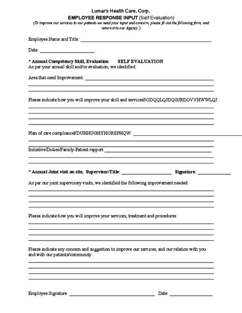 Printable Free Employee Self Evaluation Template Forms - Free Templates ...