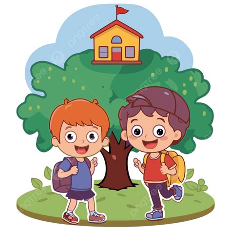 Dos Niños Yendo A La Escuela Y Un árbol Vector Png Dibujos Jardín De