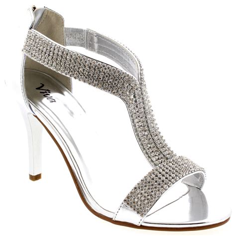 Ladies T Bar Bridal Diamond Dress Metallic Silver Wedding Prom Sandals All Sizes Ebay