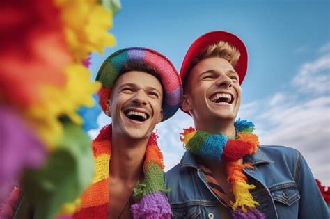 Um lindo casal gay feliz cores do arco íris em um campo de flores papel de parede do mês do