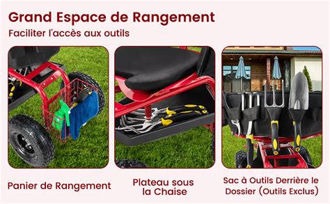 Costway Si Ge De Jardin Roulant Pour Travail Avec Poign E Extensible