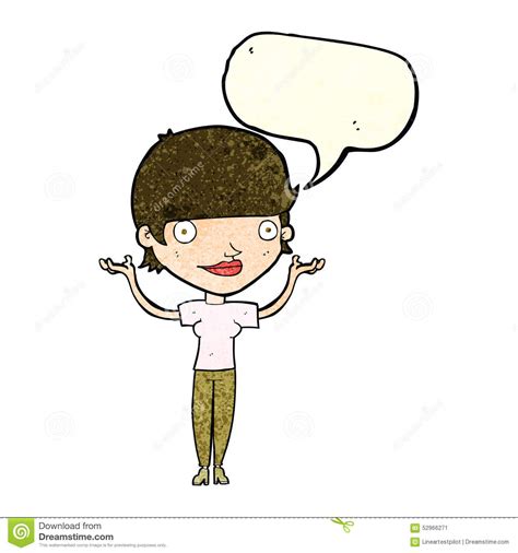 Cartoon Woman Holding Arms In Air With Speech Bubble Stock Illustration Illustration Of