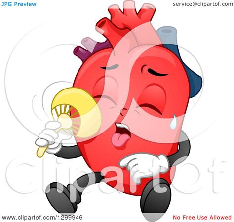 Clipart of a Cartoon Heart Character Sweating and Using a Fan - Royalty ...