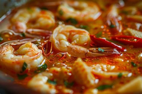 Premium Photo Tom Yum Traditional Red Sour Thai Soup Hot Chili Tom Yam With Squid Shrimps Red