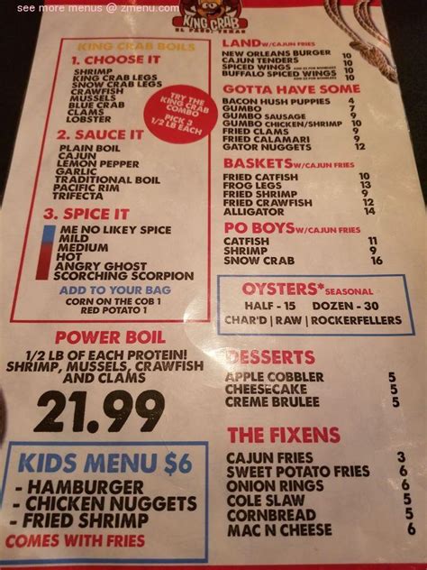 Menu at King Crab restaurant, El Paso, N Zaragoza Rd