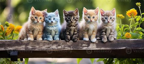 AI generated Group of adorable multi colored kitten kittens sitting in a row, cute little pets ...