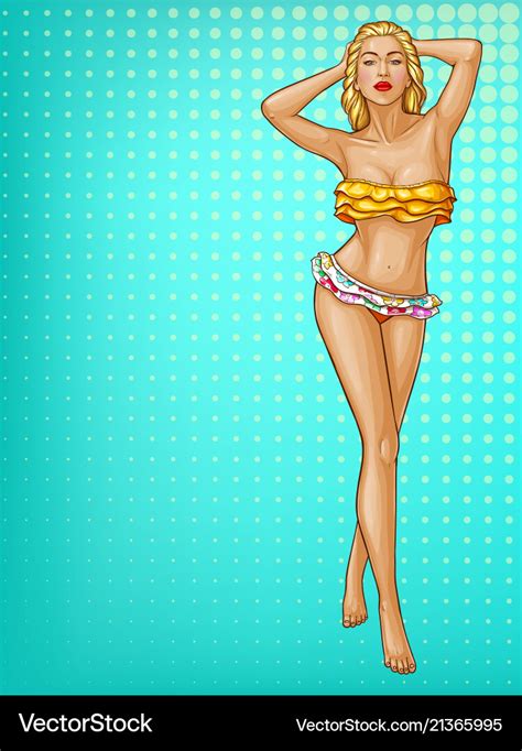 Pop art woman stands in swimsuit Royalty Free Vector Image