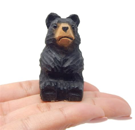 Black Bear Figurine Wood Carving Miniature Decor Statue Art Craft Small ...