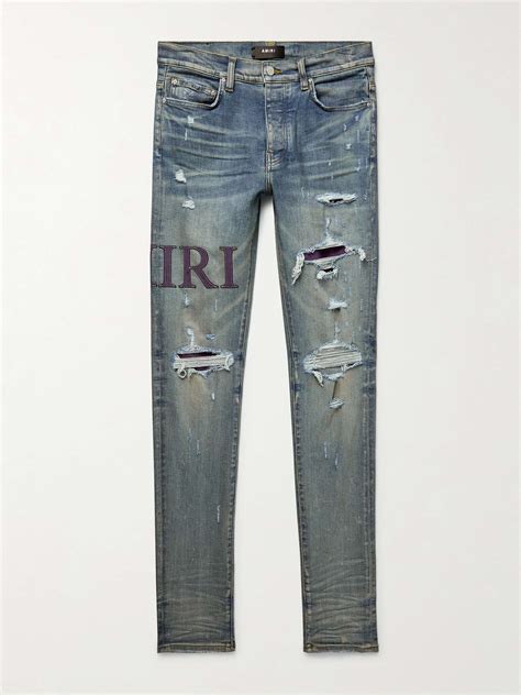 Amiri Blue Distressed Denim Patch Applique Detailed Slim Fit Jeans M