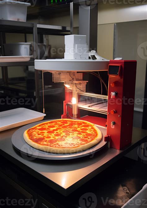 3D printer prints pizza. Cooking device of future for making food. Home