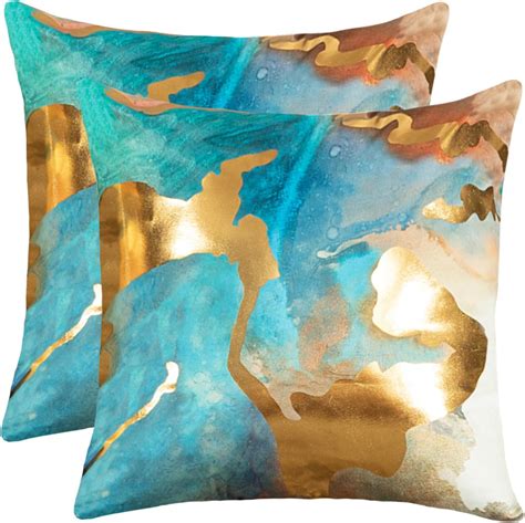 Teal Blue Marble Turquoise Gold Throw Pillow Covers 18x18