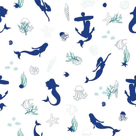 Premium Vector Seamless Mermaid Pattern Marine Background