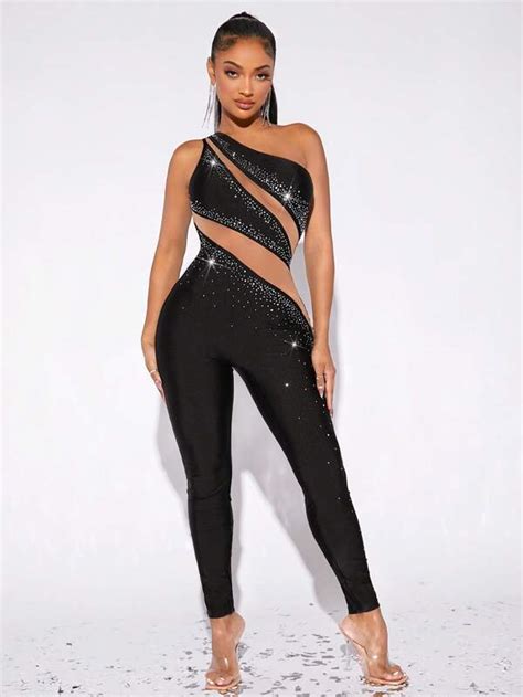 SHEIN SXY One Shoulder Sheer Mesh Insert Rhinestone Unitard Jumpsuit