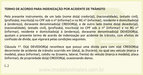 Modelo de Termo de Acordo para Indenização por Acidente de Trânsito