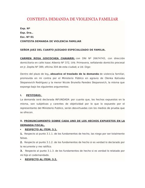 Contesta Demanda De Violencia Familiar Contesta Demanda De Violencia