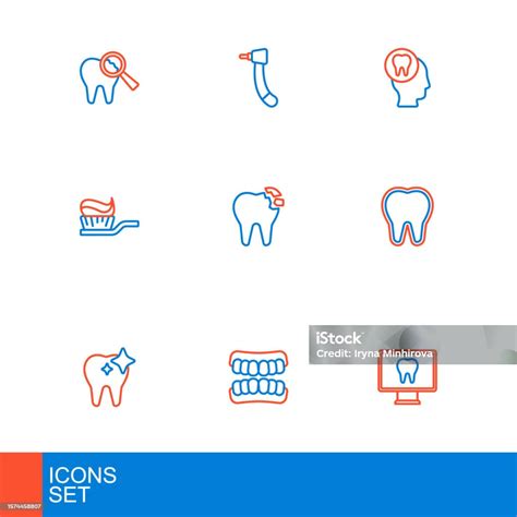 세트 라인 온라인 치과 치료 틀니 모델 치아 미백 치약이 든 칫솔 깨진 치통 및 드릴 아이콘 벡터 가공의 인물에 대한 스톡 벡터