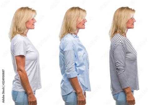 Collage Of Beautiful Middle Age Blonde Woman Over White Isolated Backgroud Looking To Side
