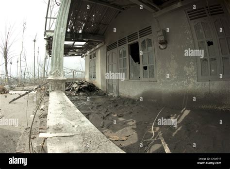 Ash Covered Damaged House Dead Trees Recent Volcanic Eruption Kepuharjo