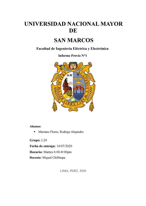 Informe Previo 1 Universidad Nacional Mayor De San Marcos Facultad De Ingeniería Eléctrica Y