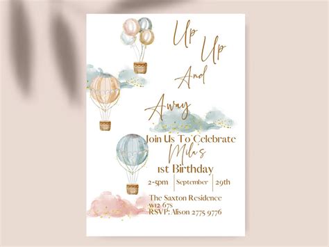 Editable Hot Air Balloons Paper Placemat Gender Neutral Up And Away Birthday Party Instant