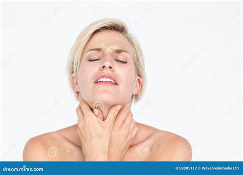 Pretty Blonde Suffering From Throat Pain Stock Photo Image Of Beautiful Hands 53085112