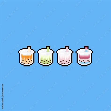 Pixel Art Cute Bubble Milk Tea Icon Set Stock Vector Adobe Stock