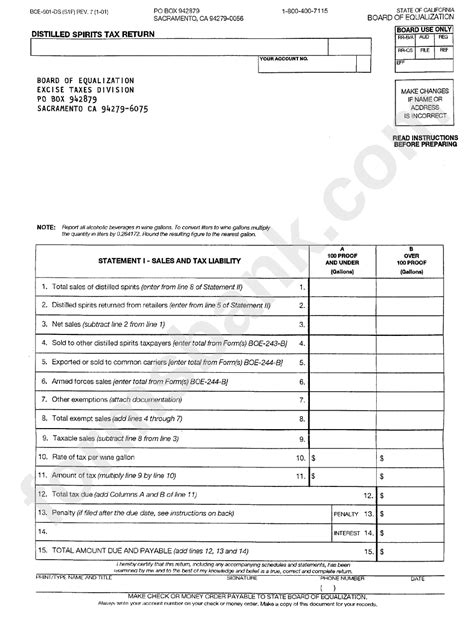 Form Boe 501 Ds Distilled Spirits Tax Return California Printable