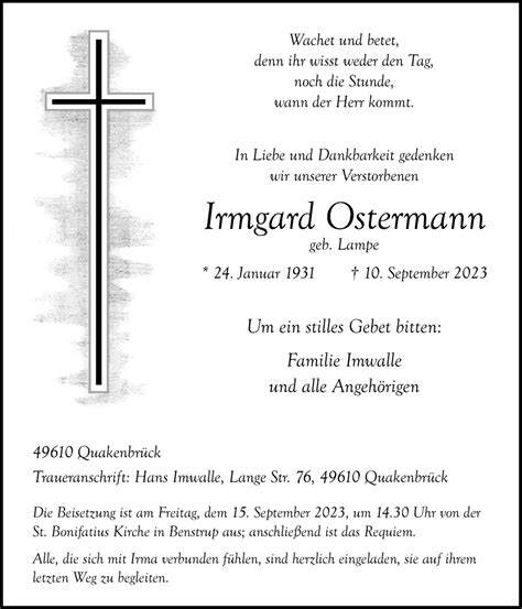 Traueranzeigen Von Irmgard Ostermann Noz Trauerportal