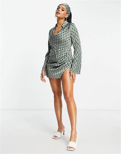 Asos Design Collared Cowl Neck Mini Dress In Geo Print With Matching