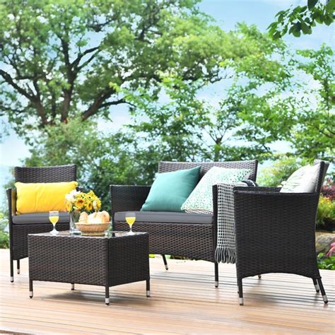 Gymax 4pcs Patio Rattan Conversation Furniture Set Outdoor W Gray