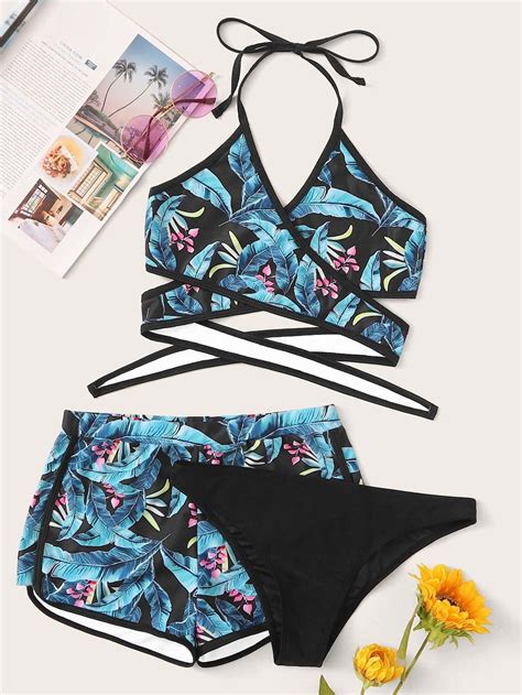 Pack Tropical Wrap Halter Bikini Swimsuit Shorts Swimsuit With