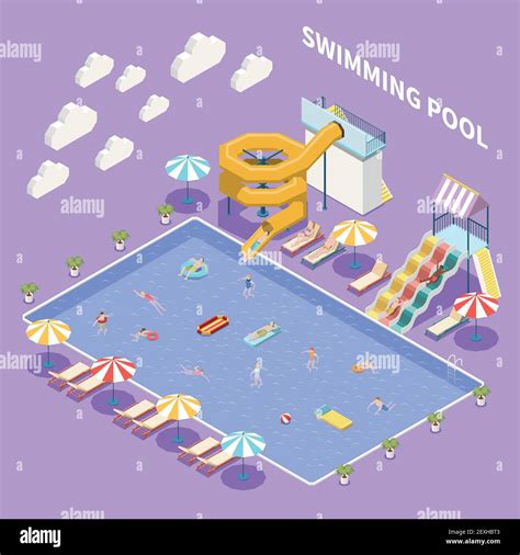 Water Park Aquapark Isometric Composition With View Of Open Pool With