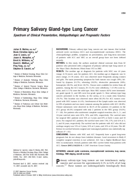 Pdf Primary Salivary Gland Type Lung Cancer Spectrum Of Clinical