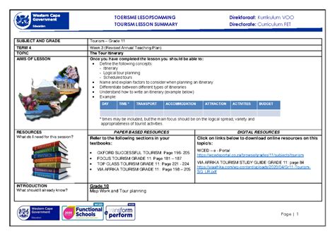 Tourism Grade 11 Term 4 Week 3 2020 TOURISM LESSON SUMMARY