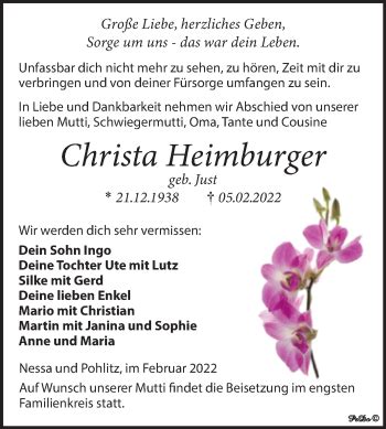 Traueranzeigen Von Christa Heimburger Abschied Nehmen De