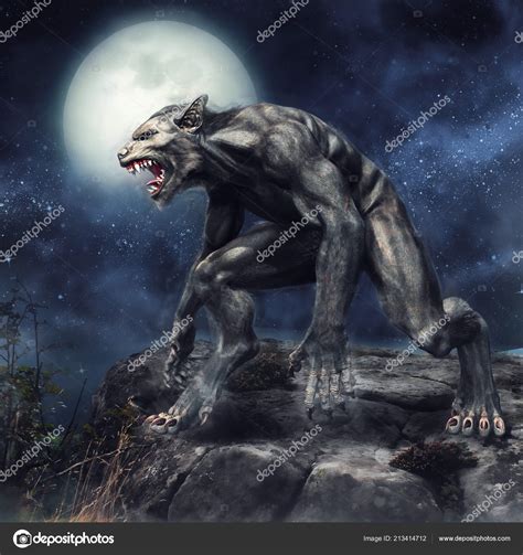 Fantasy Werewolf Standing Rocky Cliff Full Moon Night Render Stock