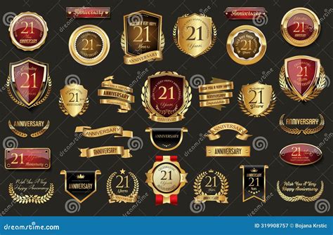 Collection Of Anniversary Gold Laurel Wreath Badges And Labels Vector Illustration Stock Vector